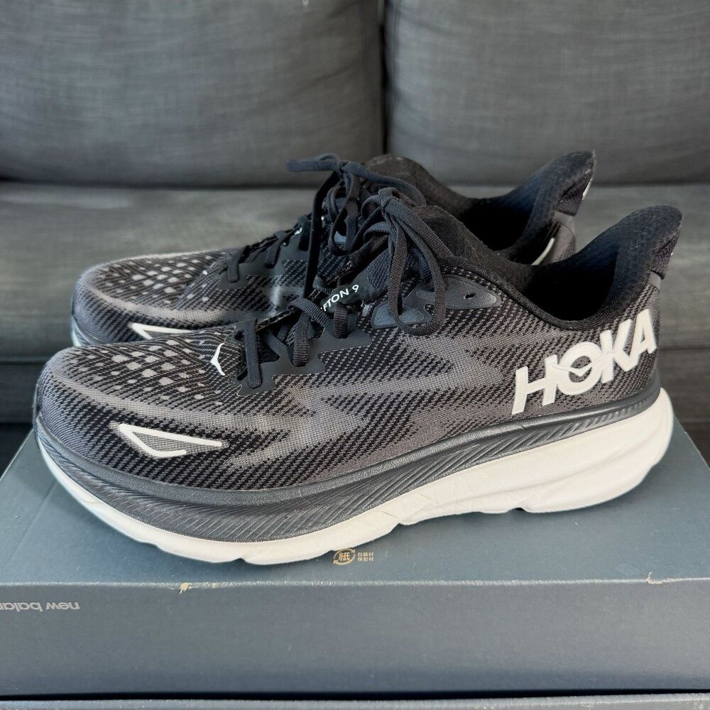 Hoka One One Clifton 9 Black White Running Shoes 1127895 BWHT Mens Size 12.5 D